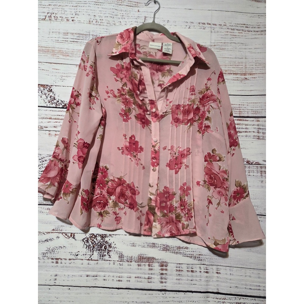White Stag Pink Floral Sheer Chiffon Blouse Pleated Bell Sleeve Sz 14 Feminine